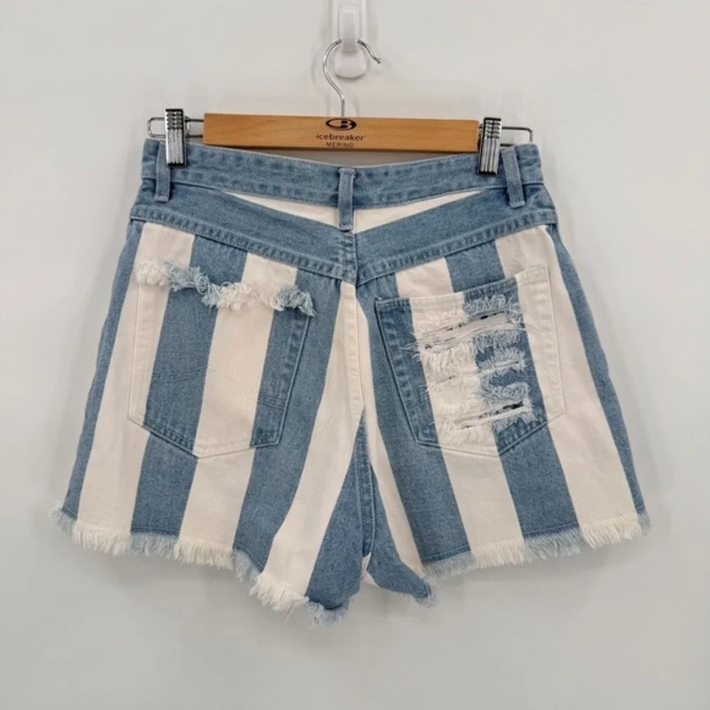 Vintage Womens Blue White Striped Cut Off High Waist Shorts Size 11/12 90's